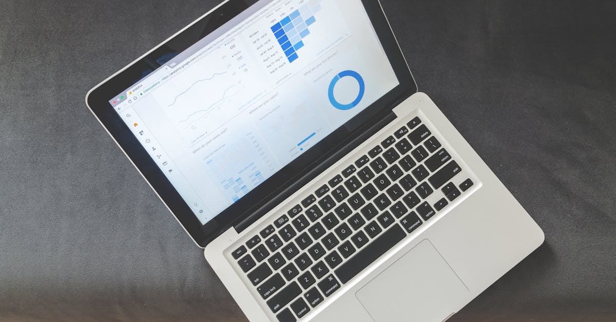 Overhead view of a laptop showing data visualizations and charts on its screen.